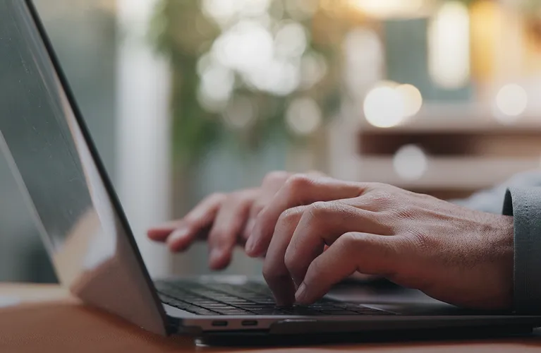 Close-up of hands typing on a laptop keyboard with blurred background and natural light.