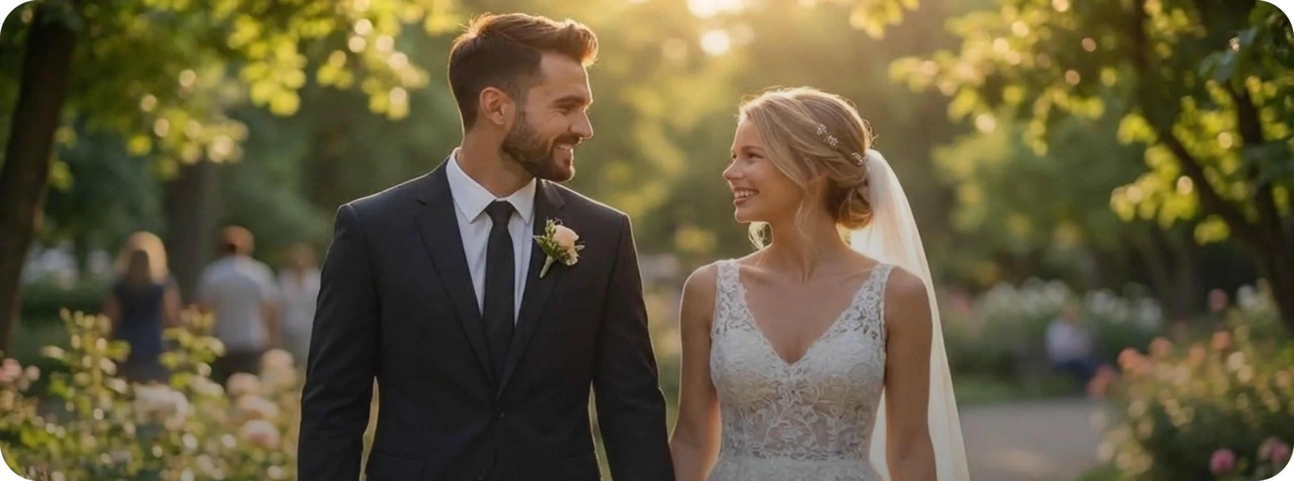 Bride and groom smiling at each other outdoors during sunset, surrounded by greenery.