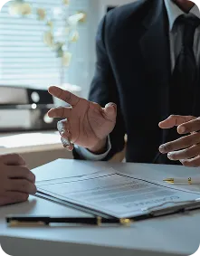 Two individuals in formal attire engaged in a discussion over documents on a desk.
