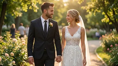 Bride and groom holding hands and smiling outdoors in a sunlit garden.