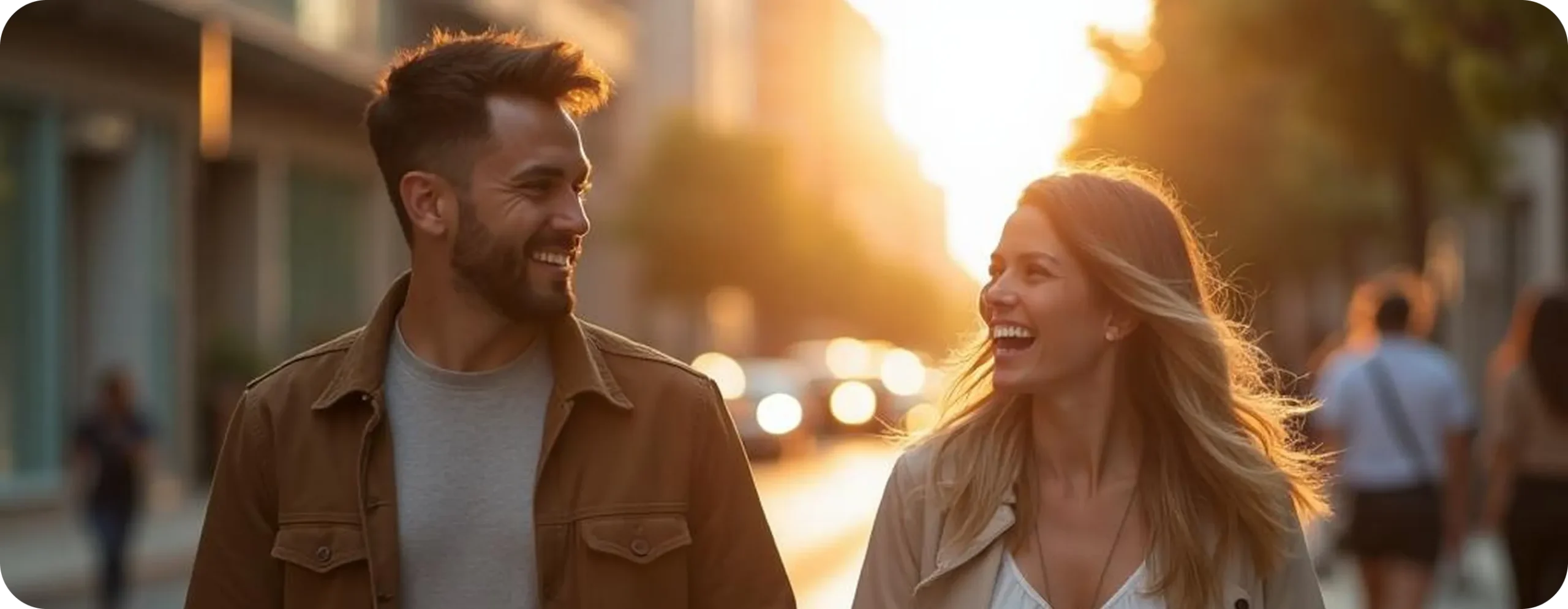 Two smiling adults walking outdoors on a sunlit urban street during sunset.