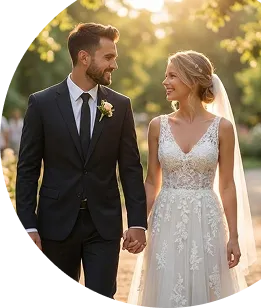 Bride and groom holding hands outdoors, smiling at each other in sunlight.