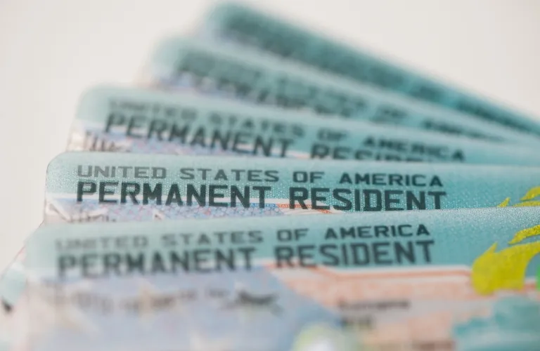 Close-up view of multiple United States Permanent Resident cards fanned out.